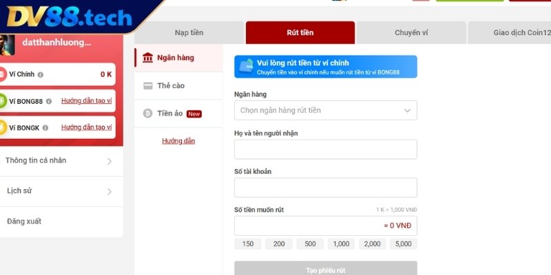 Hướng dẫn rút tiền từ DV88