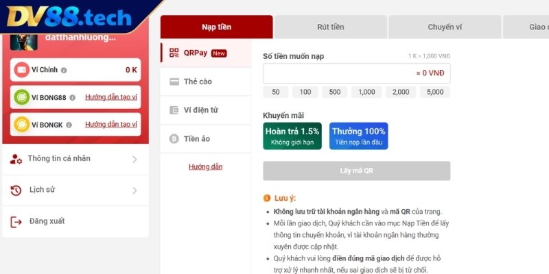 Cách nạp tiền DV88 nhanh chóng